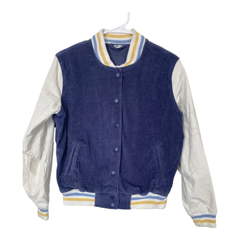 Aerie Women Curdoray Varsity Bomber Jacket Snap Button Blue White XS